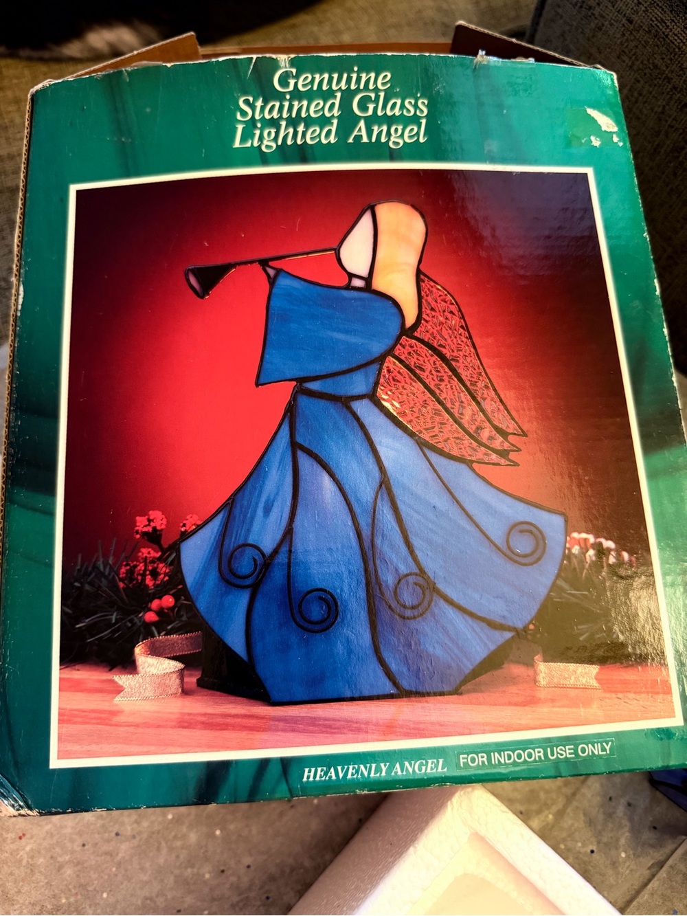 Holiday Creations Vintage Stained Glass Lighted Angel Blue UL 8in w/ Bulb 1995